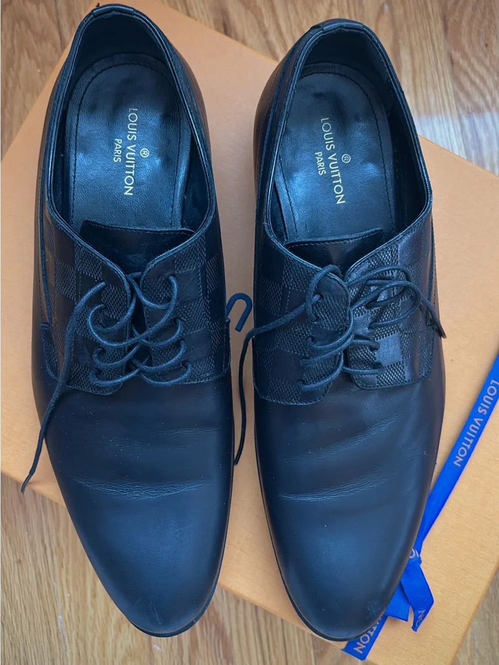 Louis Vuitton Black Derby Dress Shoes with Monogram Check Panels